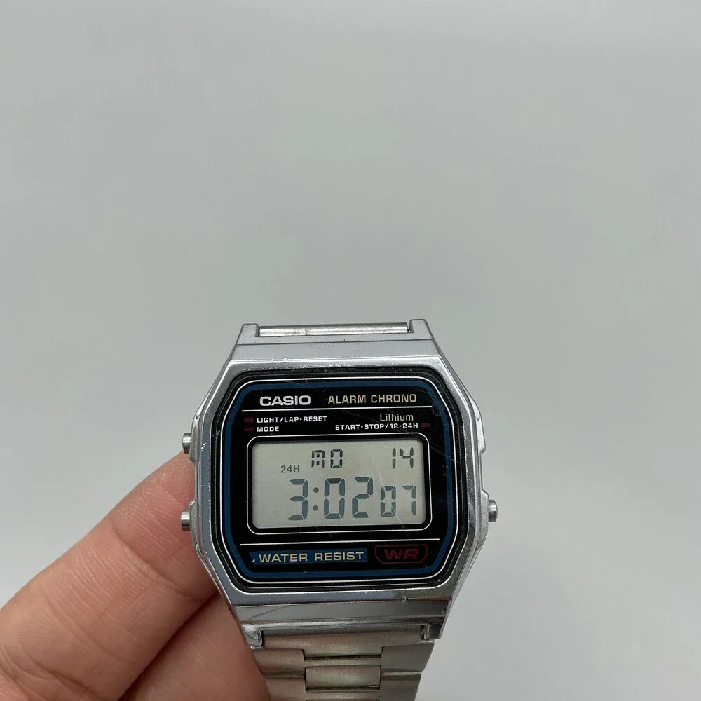 Casio A158W Alarm Chrono Mens Watch 33mm Digital Gray Stainless Bracelet
